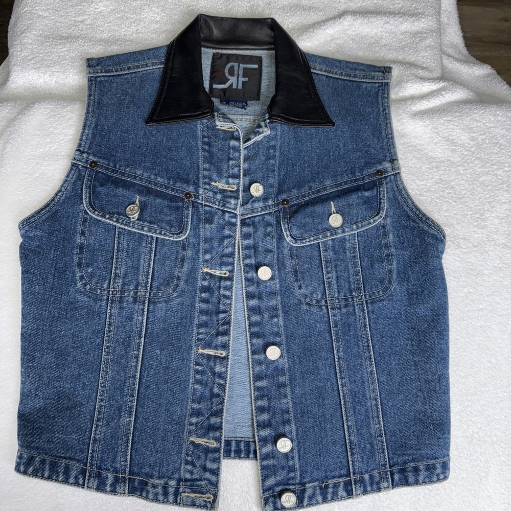Rafaella Jeans Womens Jean Vest Black Faux Leather Collar Size M Medium Wash